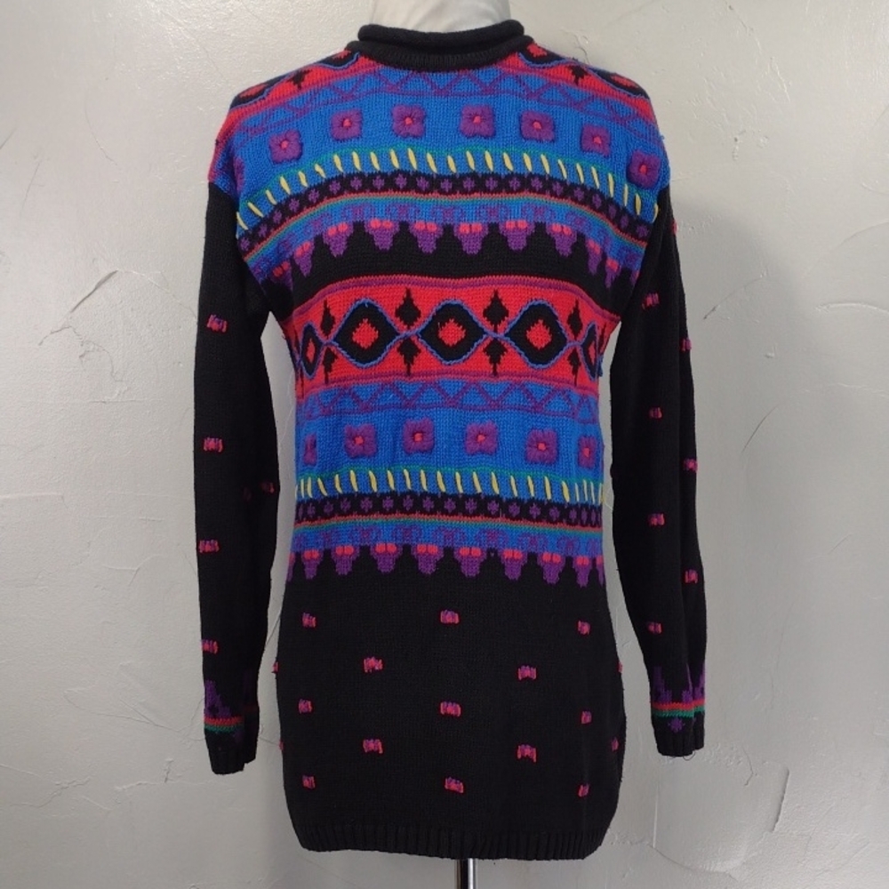 80s Carole Little Sport Colorful Black Sweater Women's Small